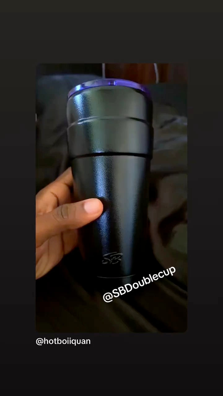 Customer video featuring a black Double Cup tumbler