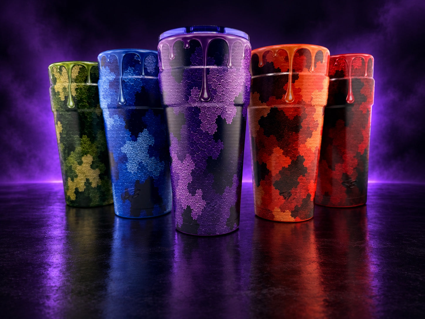 Five SB Double Cup Camo Drip colorways in green, blue, purple, orange, and red, each with a matching lid