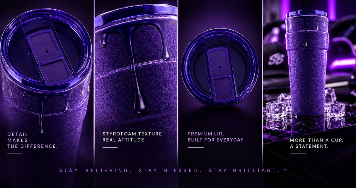 Purple Drip cup details: premium lid, drip finish, textured exterior, and full cup presentation