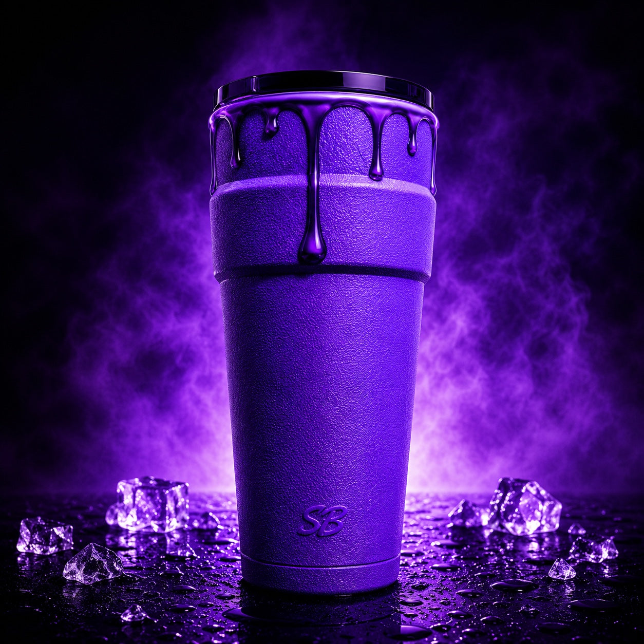 The deep purple Purple Drip Double Cup against a violet studio backdrop